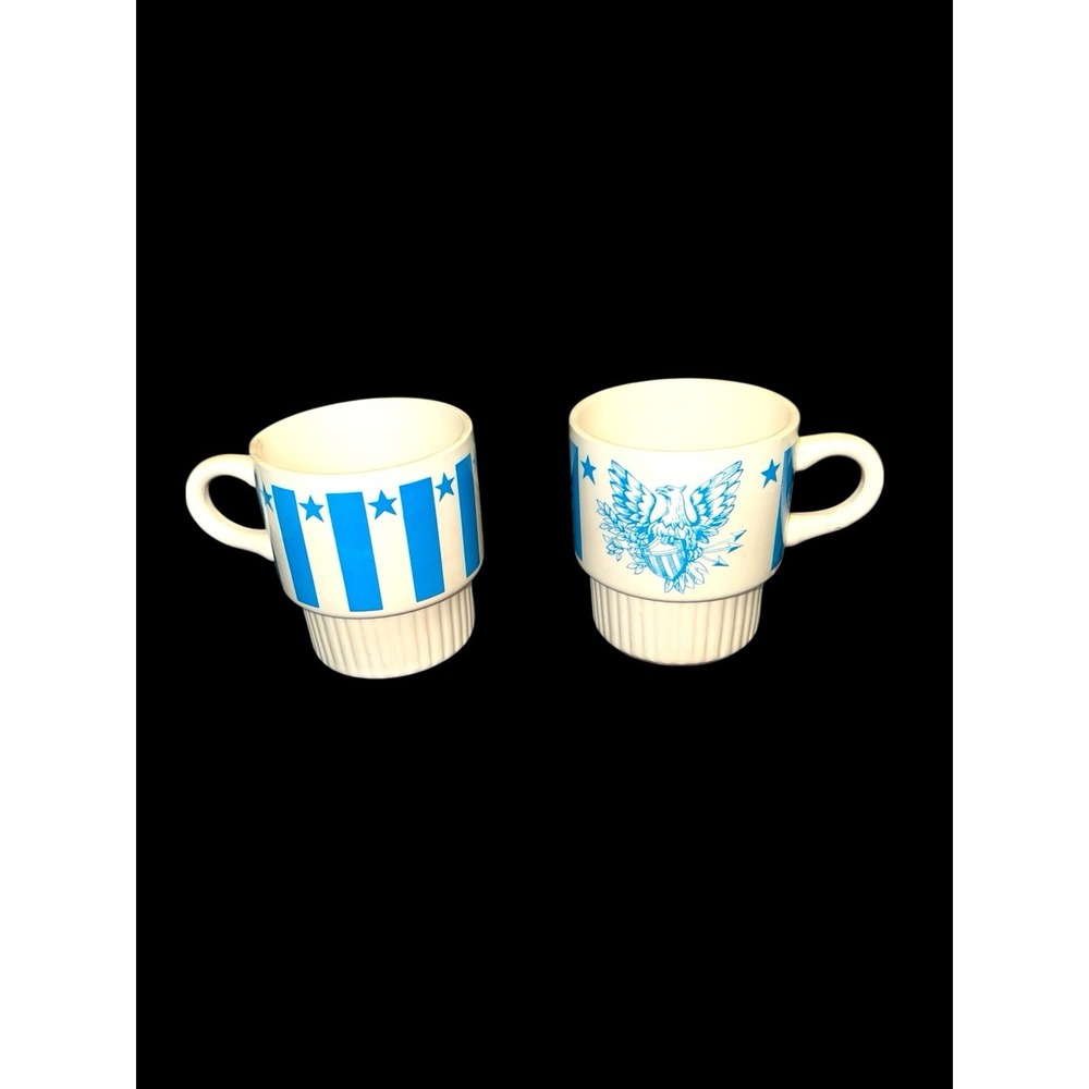 Vintage USA Blue American Eagle White Stackable Coffee Mugs‎